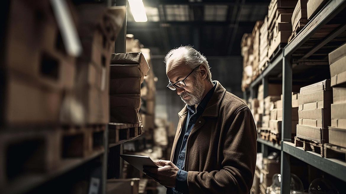 Worker with a tablet standing between two packed row shelves full of boxes.