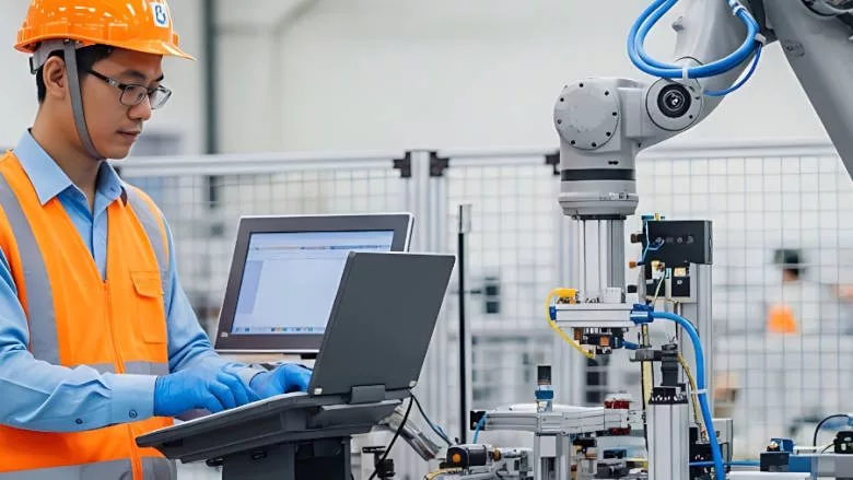 young worker utilizing an industrial robot
