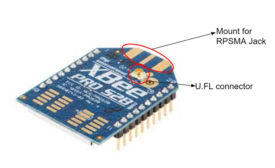 Figure 1: Standard XBee module with U.FL connector and mount for RPSMA connector. 