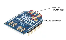 Figure 1: Standard XBee module with U.FL connector and mount for RPSMA connector. 