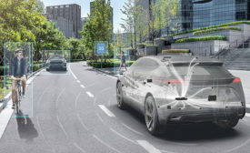 car equipped with advanced driver assistance systems detects bikers, pedestrians, vehicles