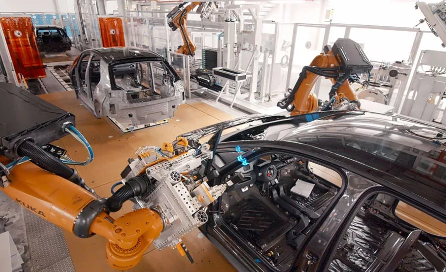 automated side window assembly at Volkswagen EV plant