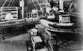 moving assembly line at Ford’s factory in Highland Park, MI