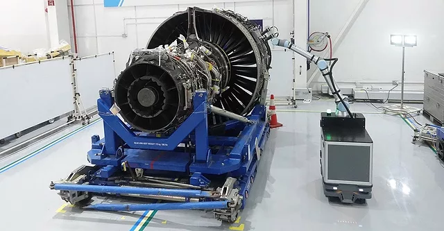 mobile cobot inspects a jet engine