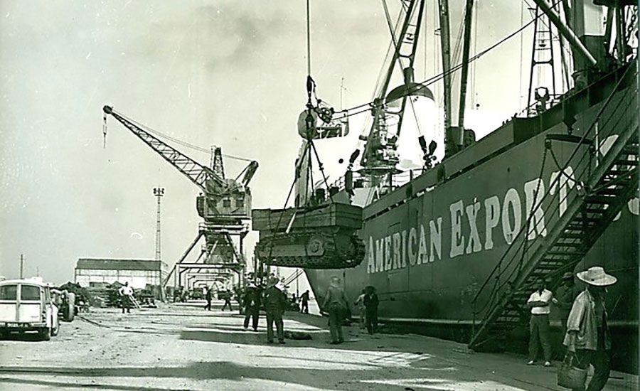 Caterpillar's D4 tractor being unloaded in Africa