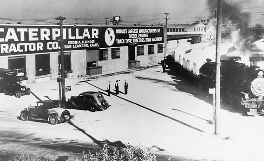 freight train departing from the Caterpillar factory in San Leandro, CA