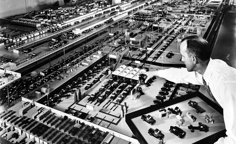 Chrysler engineers use toy models to lay out assembly lines at the Warren truck factory