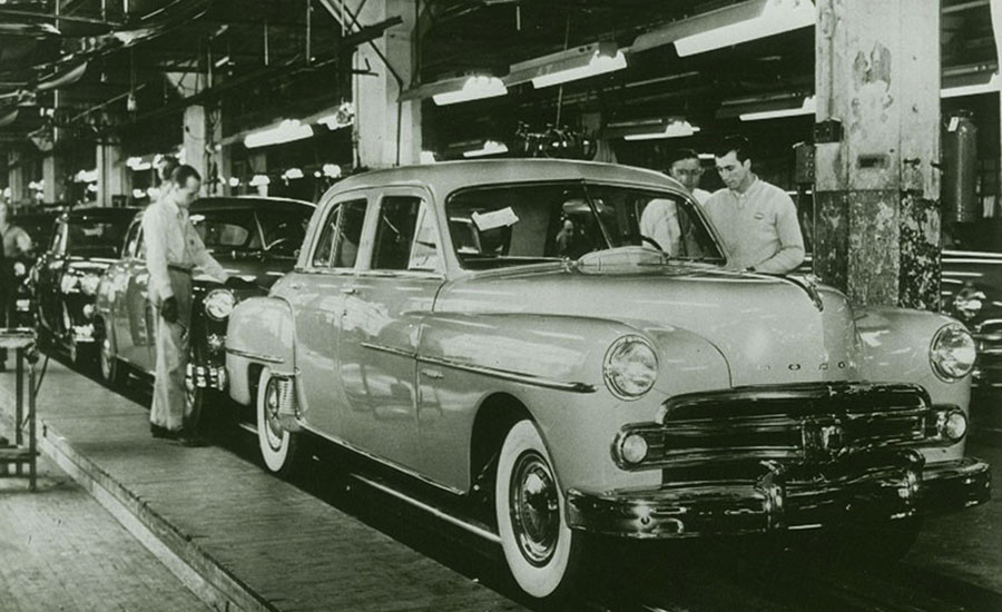 sedans about to roll off the line at the Dodge Main plant