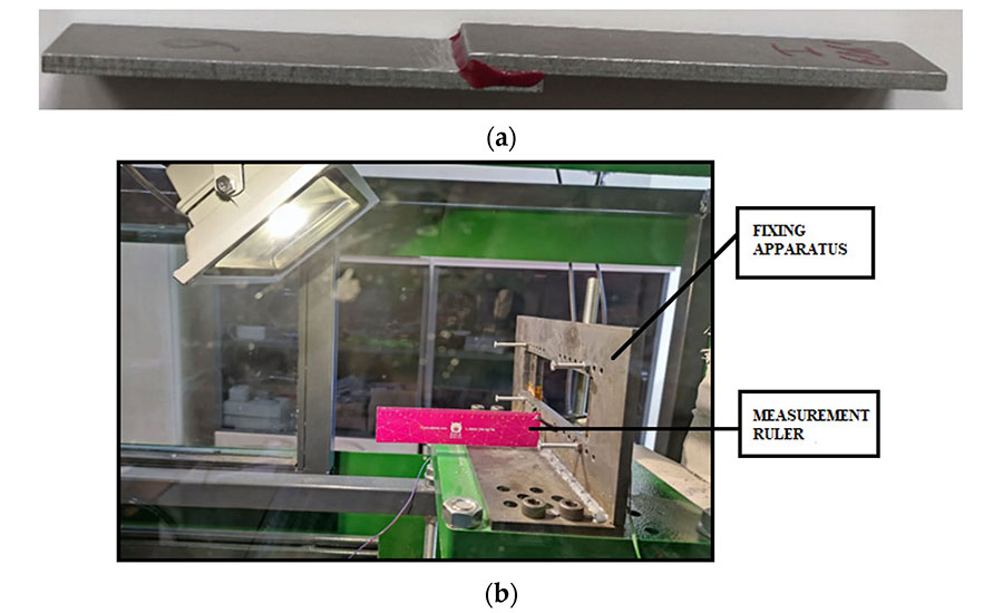 bonded test coupons (a) and the apparatus (b) in which the specimens are fixed before the test