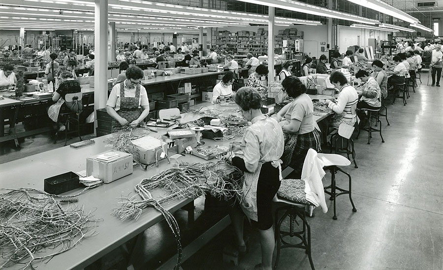 pinball machine wiring harnesses being assembled at the Gottlieb factory in Northlake, IL